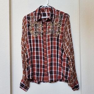 Free People Ladies Long Sleeve Plaid Embroidered Shirt.  Size Small